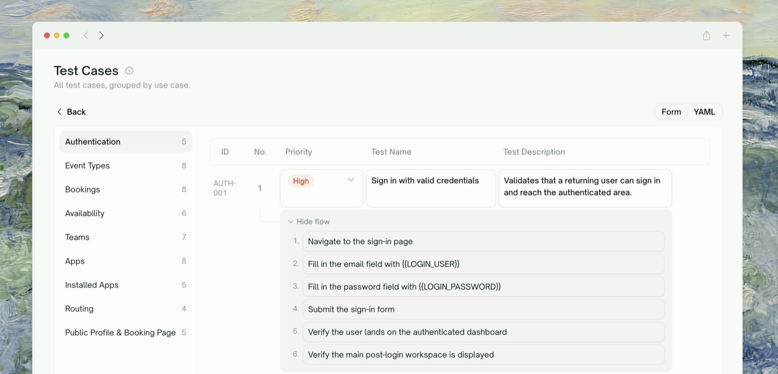 Form mode — every case as an editable row with its steps expanded