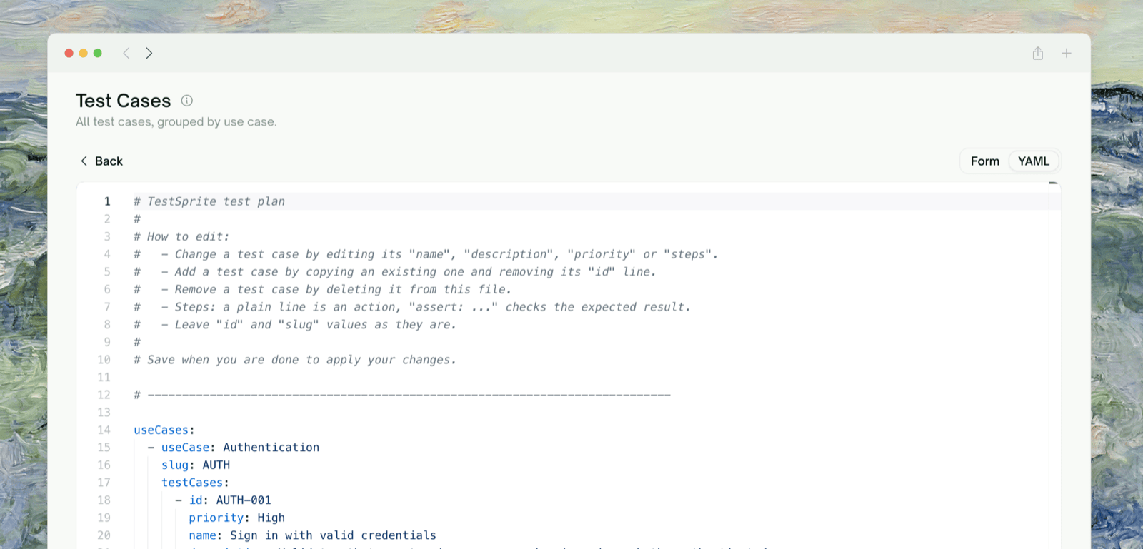 YAML mode — the whole plan as one editable document