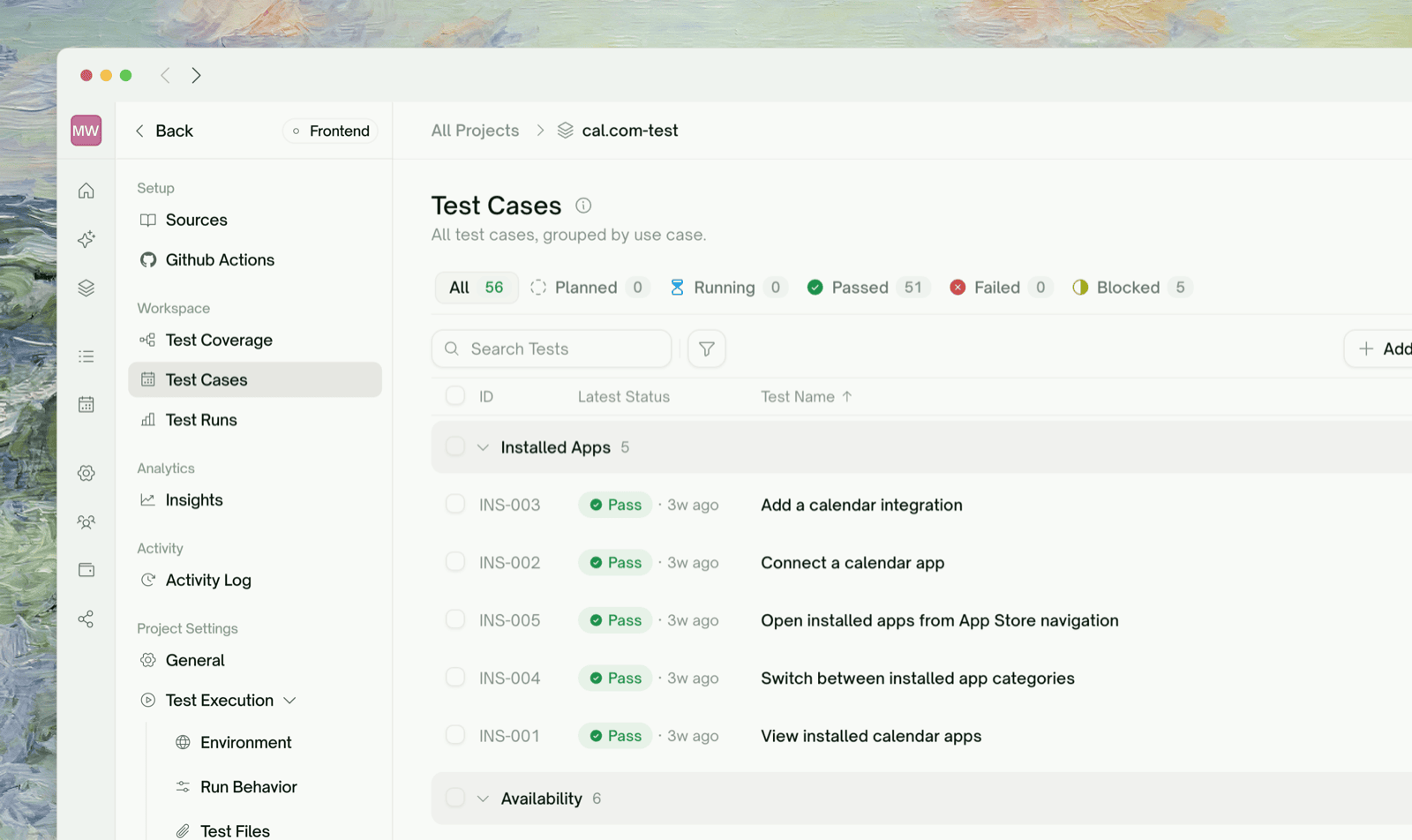 The Test Cases list, grouped by use case with per-row status