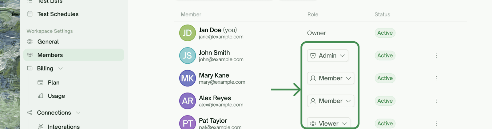 The Role column in the roster — a dropdown on each row, and plain text for the Owner