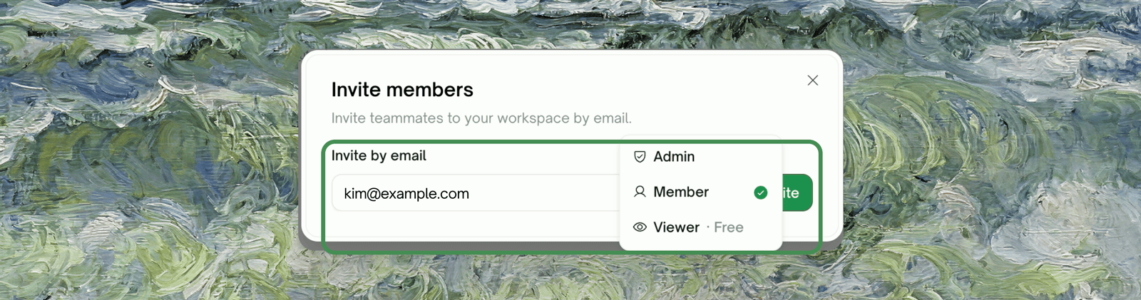 Invite members dialog — email field with the role picker open on Admin, Member, and Viewer (free)