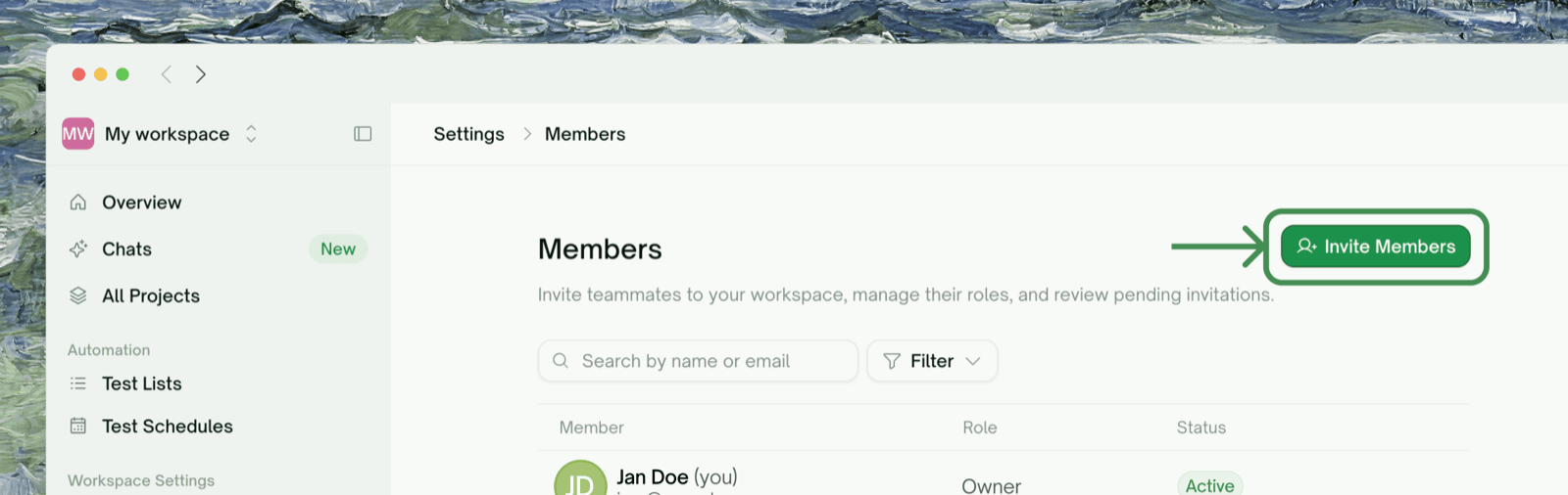 The Invite Members button at the top right of Settings → Members