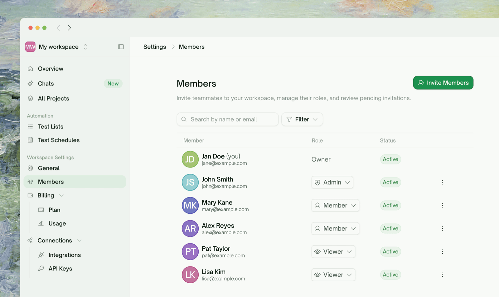 Settings → Members — the roster with each person's role picker and status