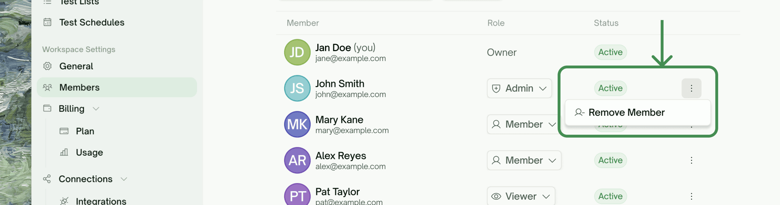 A roster row's overflow menu open on Remove Member