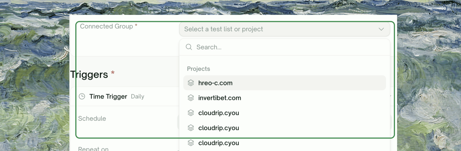 Choosing the test list or project a schedule will run