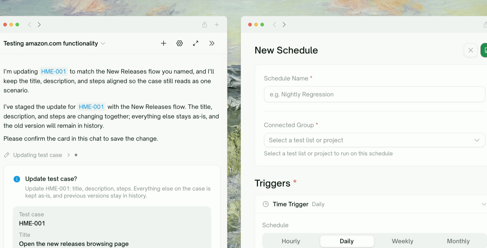 Refining a test case in Chats alongside the New Schedule panel with its daily time trigger