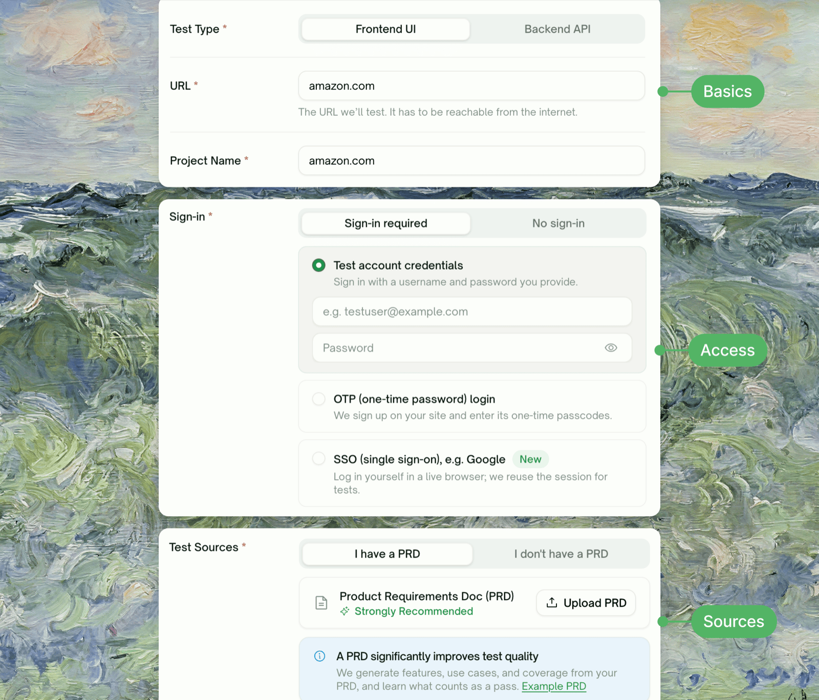 New Project form across its three steps: Basics, Access details, and Test Sources