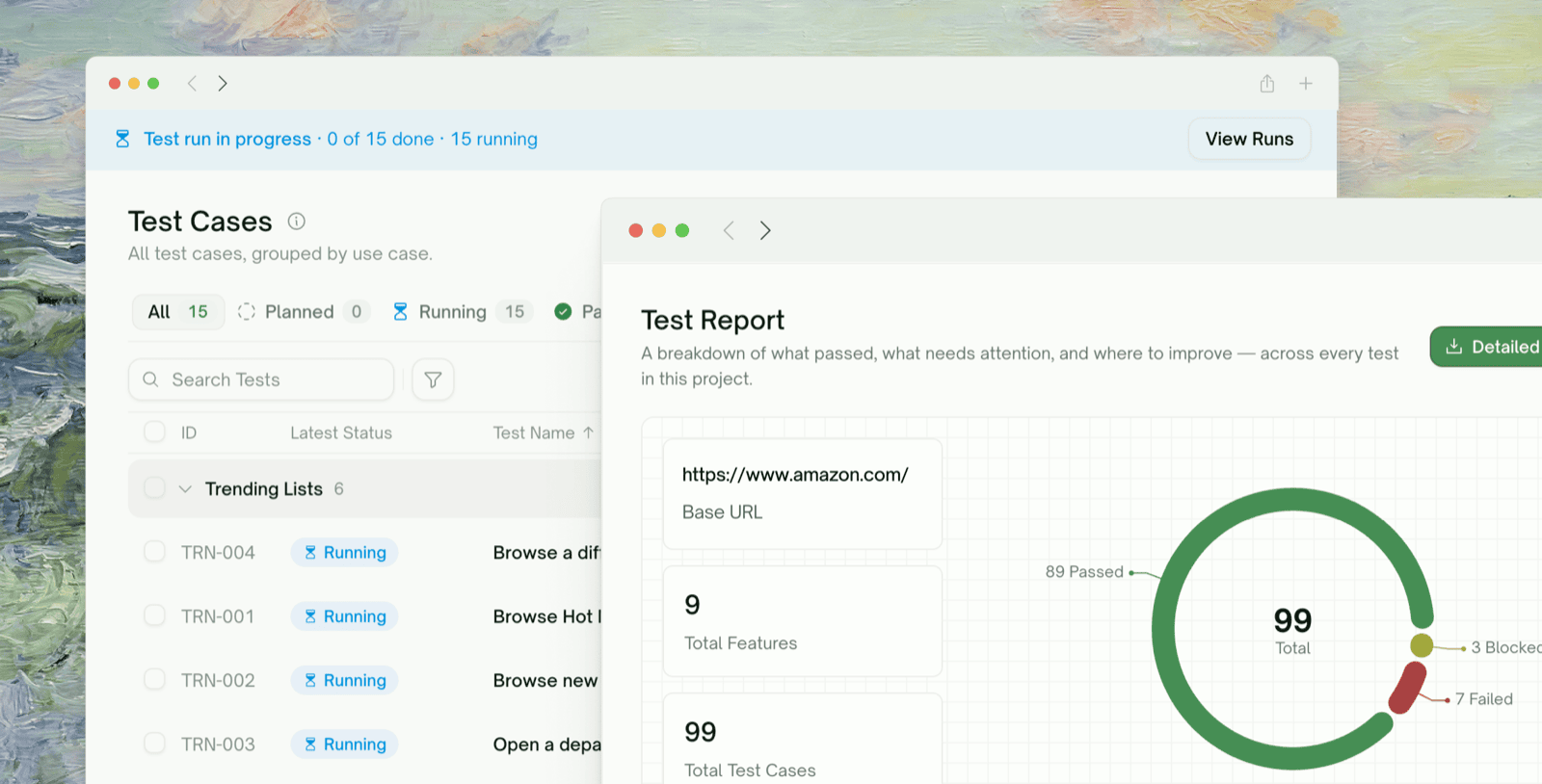 A run in progress over the Test Cases list, with the Test Report and its pass / failed / blocked donut in front