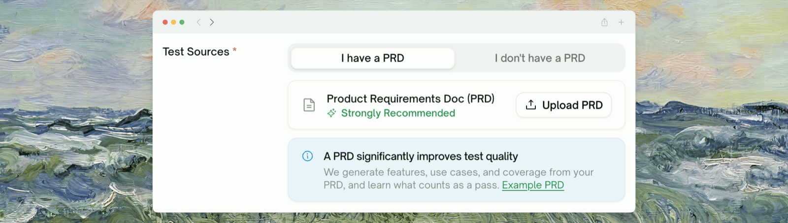 Test Sources in the New Project form: the PRD upload card, marked Strongly Recommended