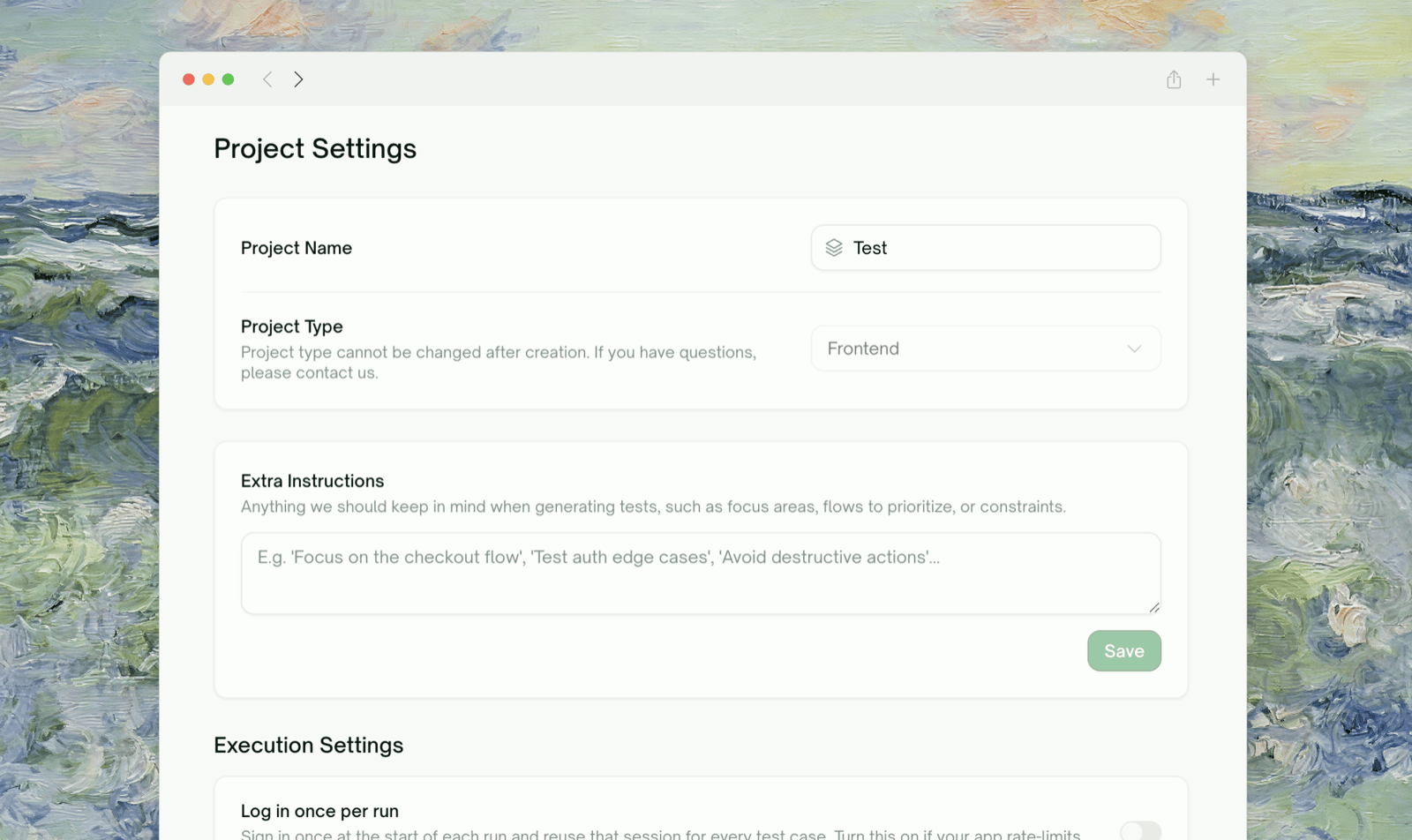 Project Settings — project name, type, and extra instructions