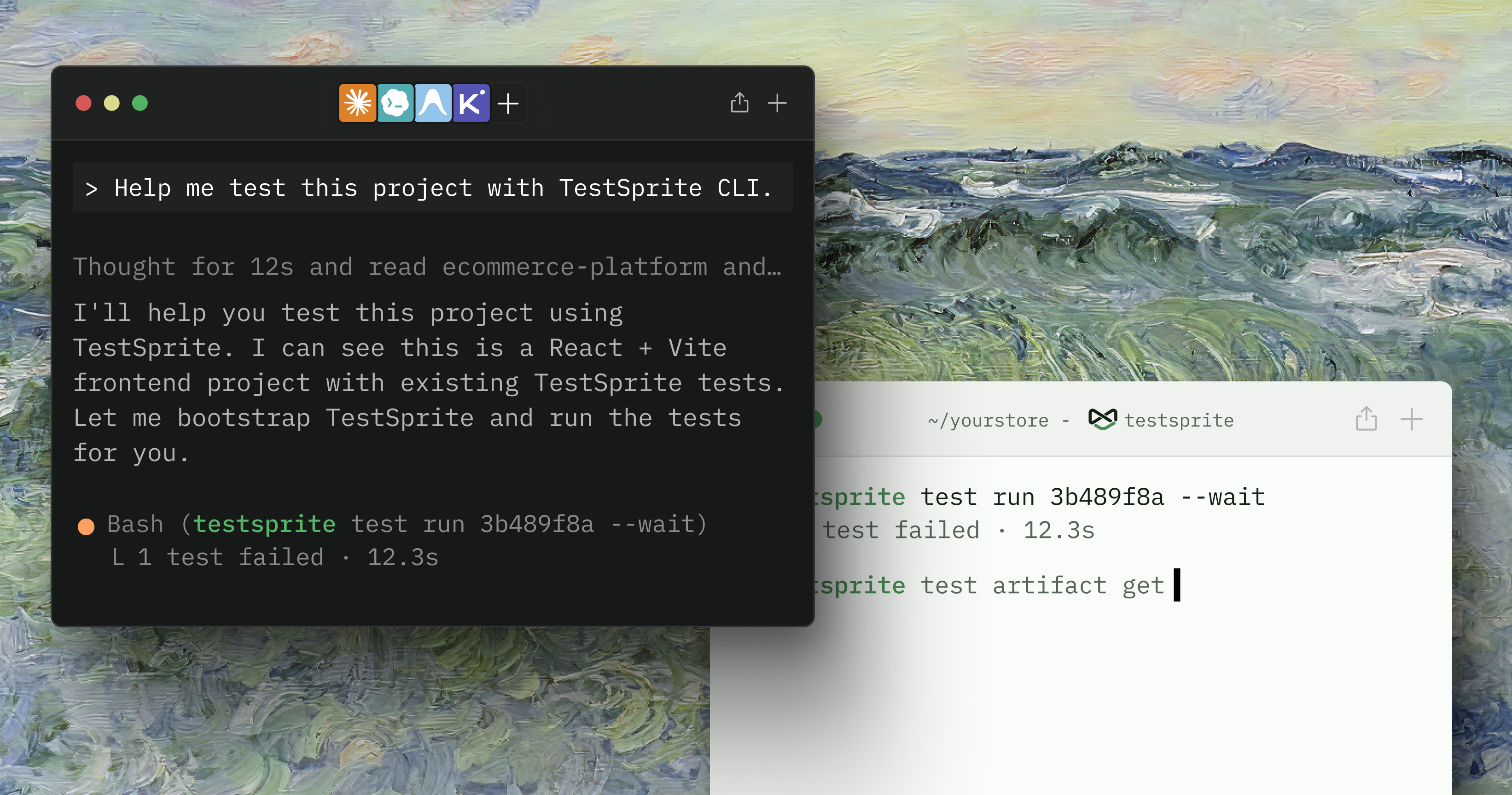 A coding agent driving the TestSprite CLI on the left, the same commands run by hand in a terminal on the right