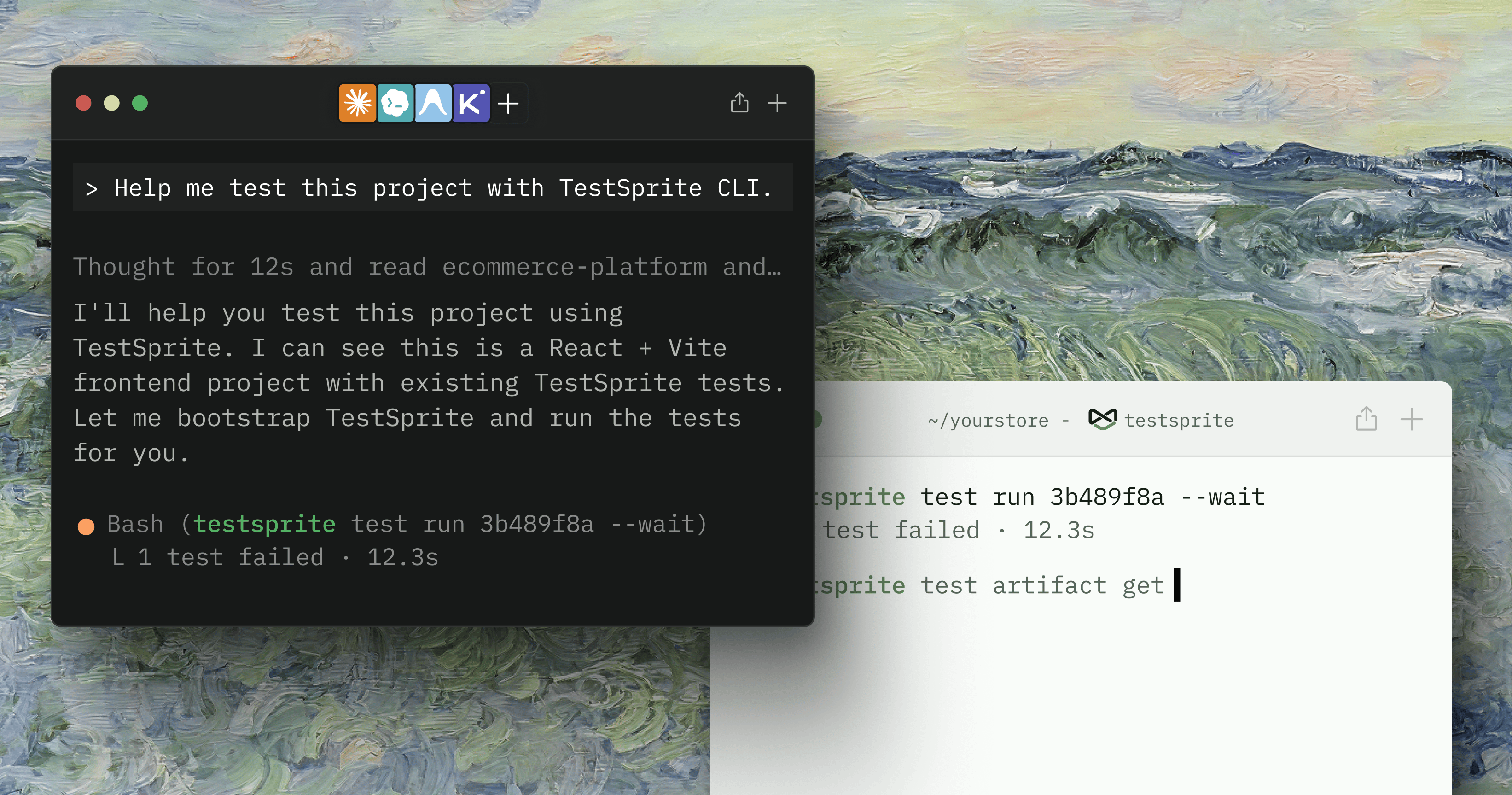 A coding agent driving the TestSprite CLI on the left, the same commands run by hand in a terminal on the right