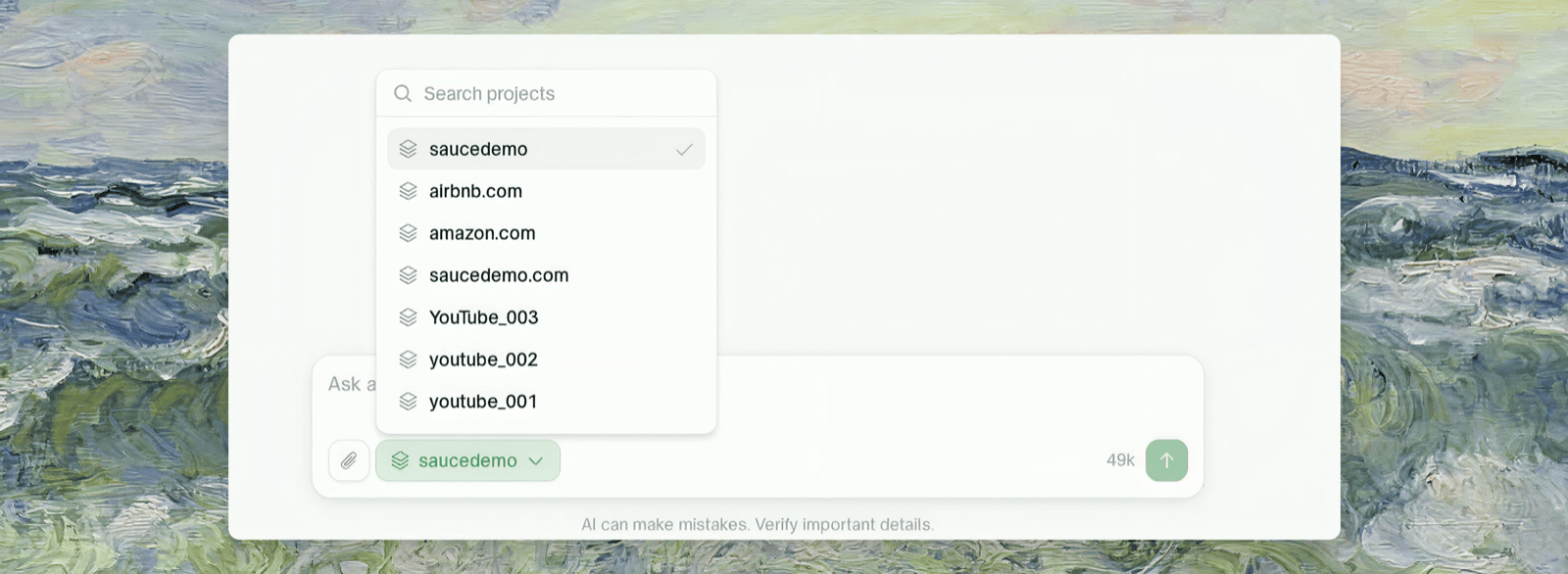 Project picker in the chat composer — the current focus is checked