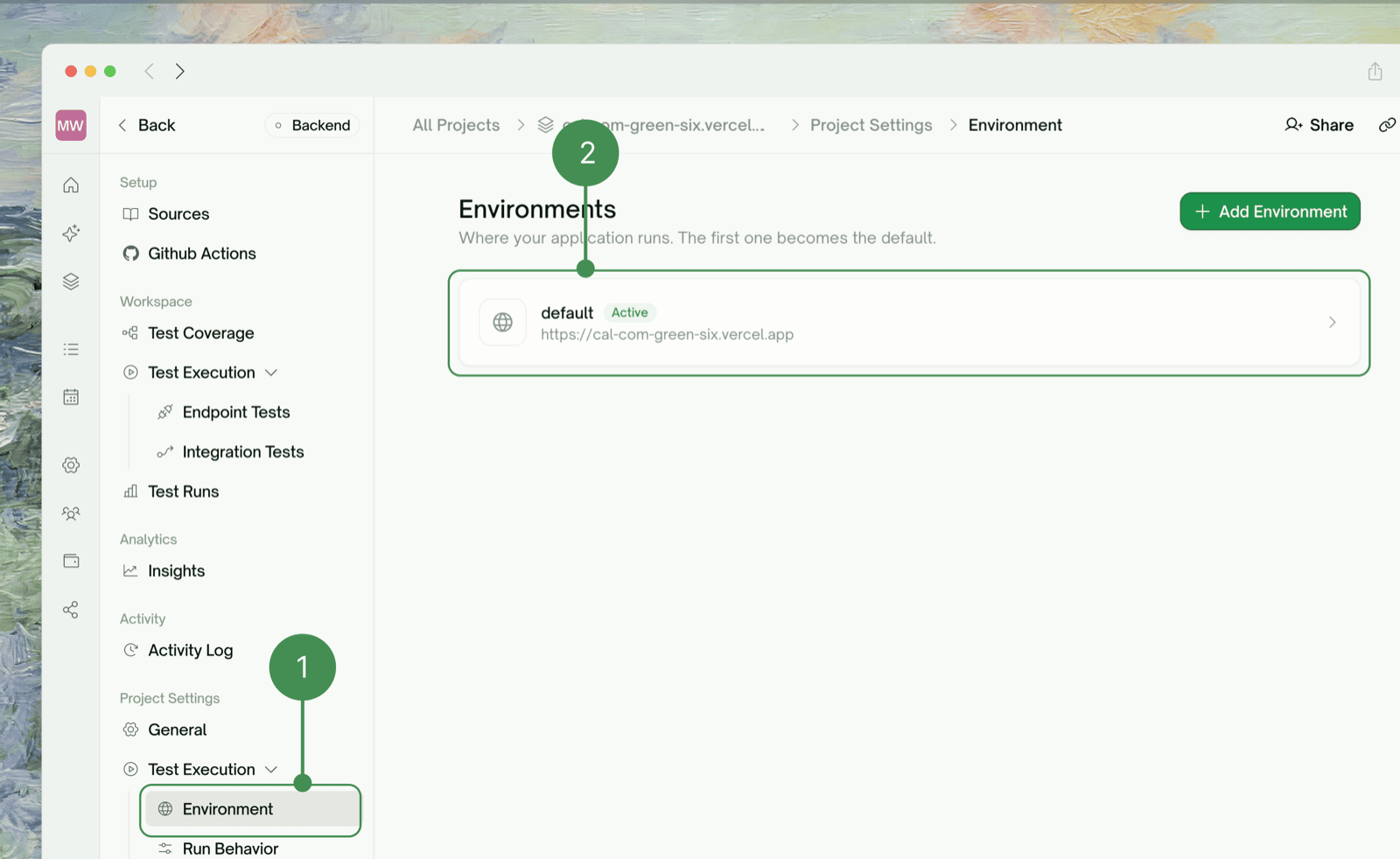 Project Settings → Test Execution → Environment in the project sidebar
