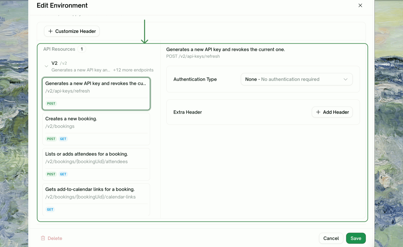 Per-endpoint credentials under Edit Environment — Customize Header with Authentication Type and Extra Header