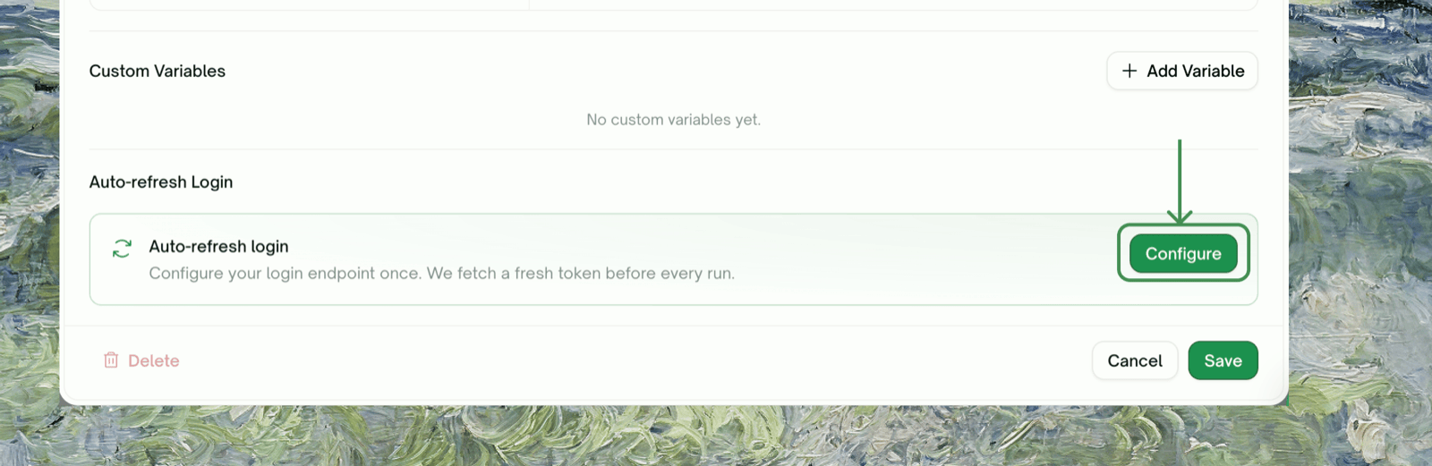 The Configure button on the Auto-refresh login card