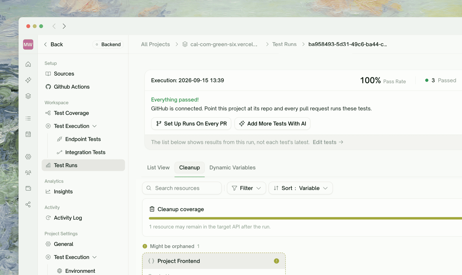 Cleanup tab — DELETE chains and per-resource status