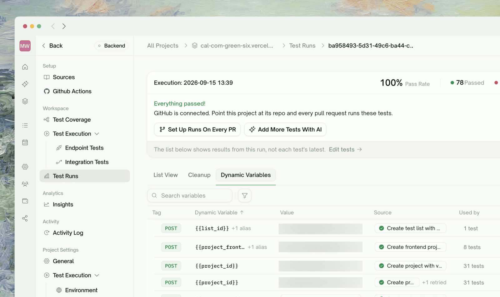 Dynamic Variables tab — captured variables across the run