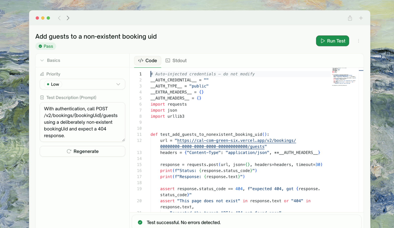 One endpoint test — a single POST call with assertions on the 404 response