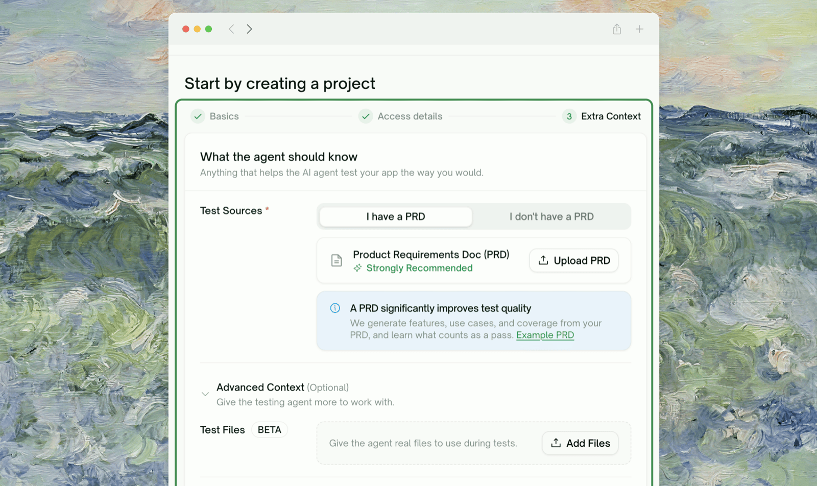 The Extra Context step: Test Sources with the PRD upload, and Advanced Context with Test Files