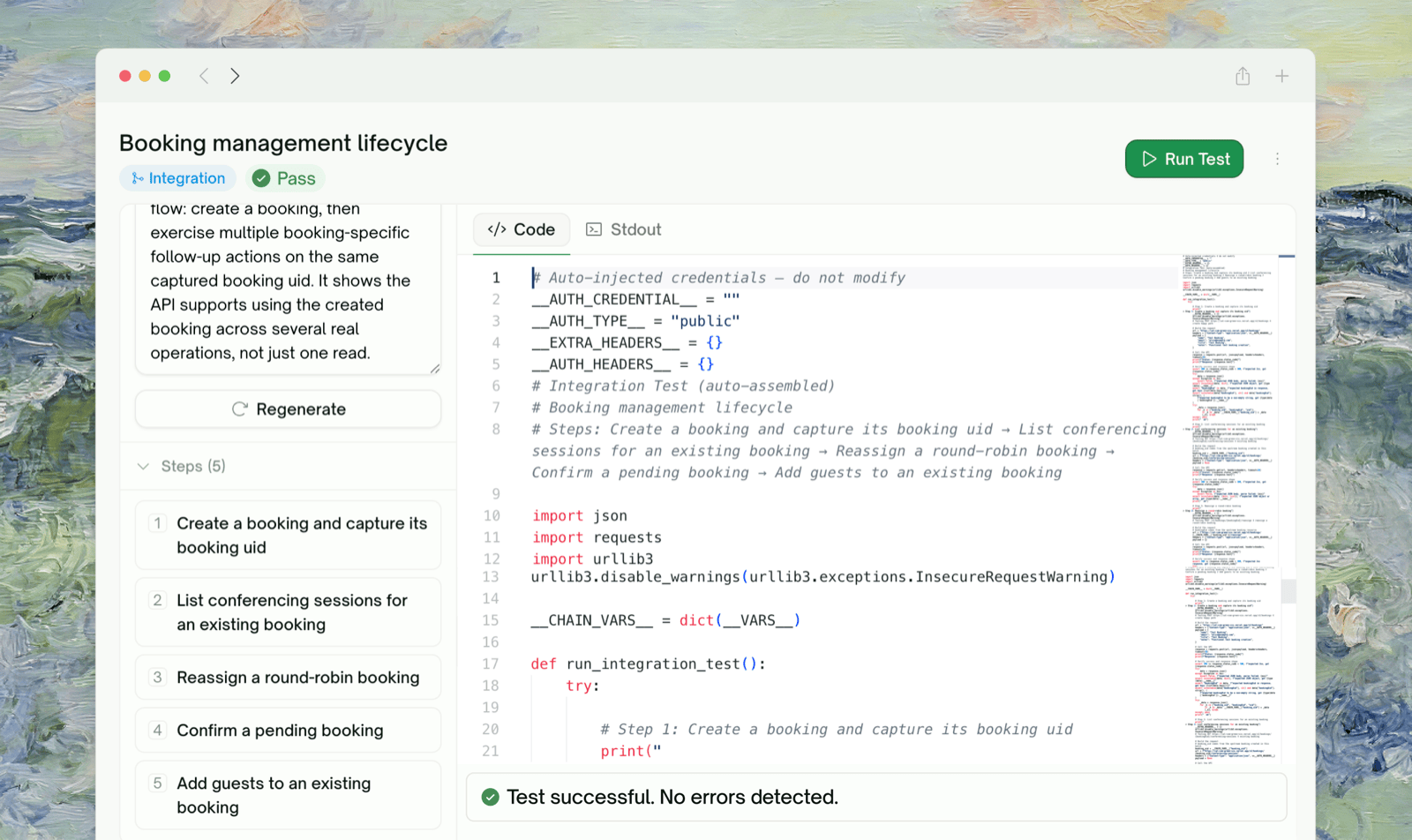 An integration test detail page — its five chained steps beside the assembled code