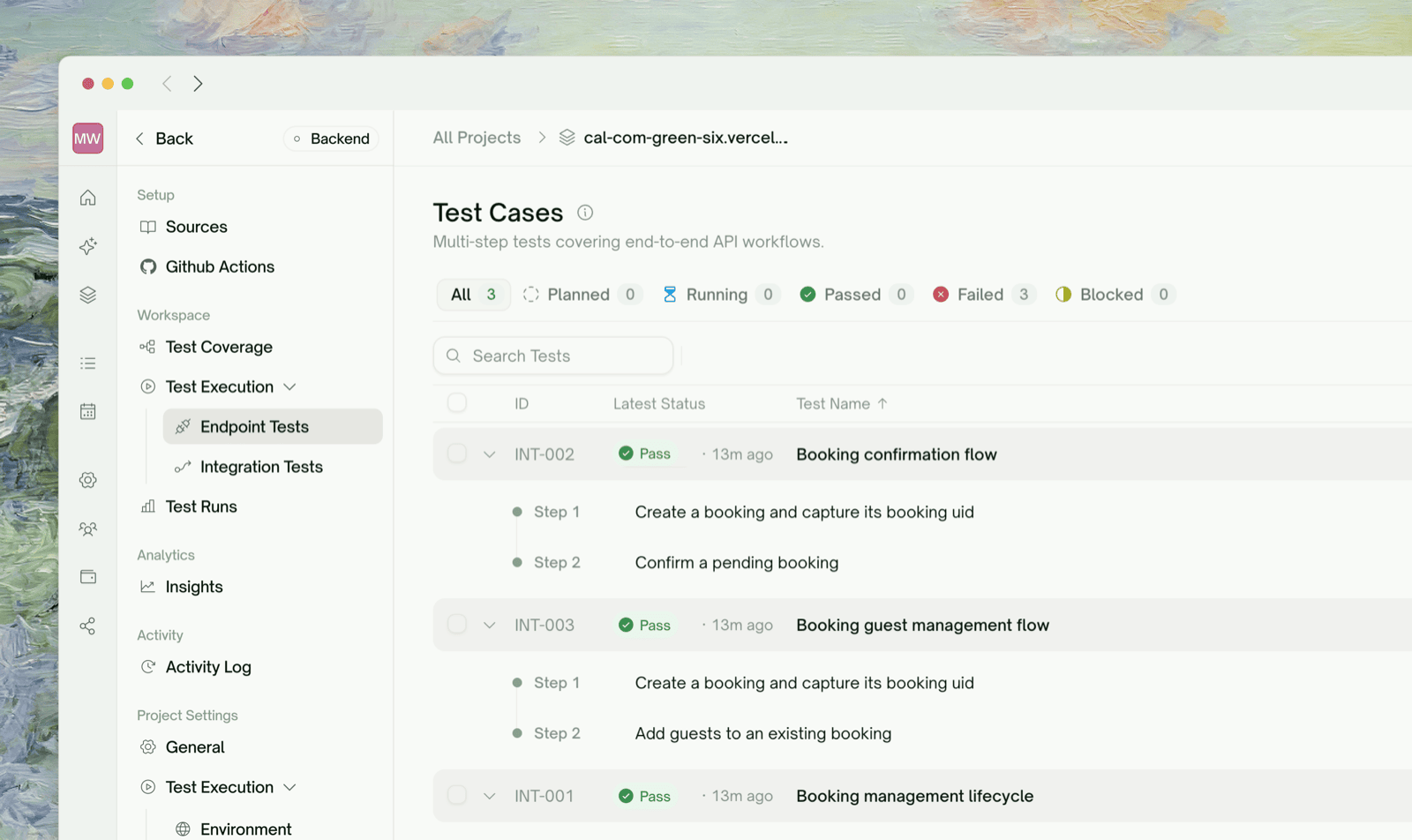 Integration Tests page with assembled chains