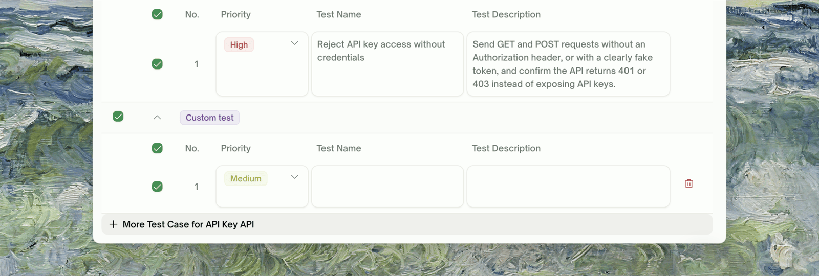 A Custom test row with empty name and description, added via + More Test Case