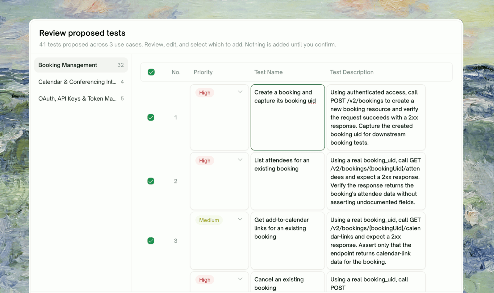 API plan review with tests grouped by category