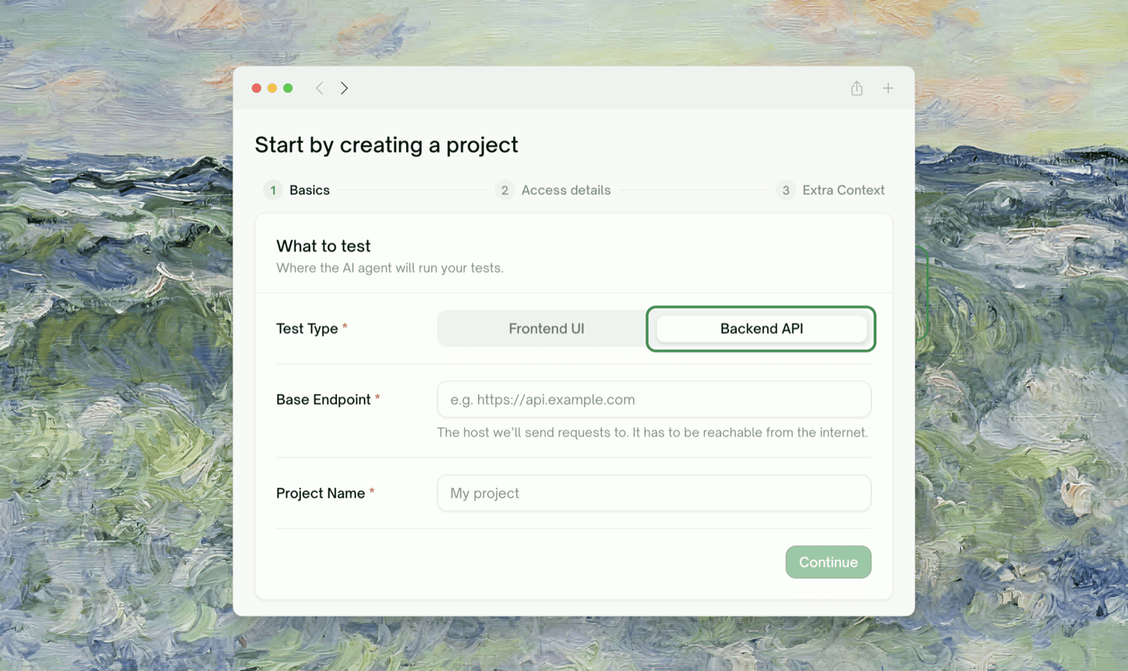 The Basics step of the New Project form, with Backend API selected, Base Endpoint, and Project Name