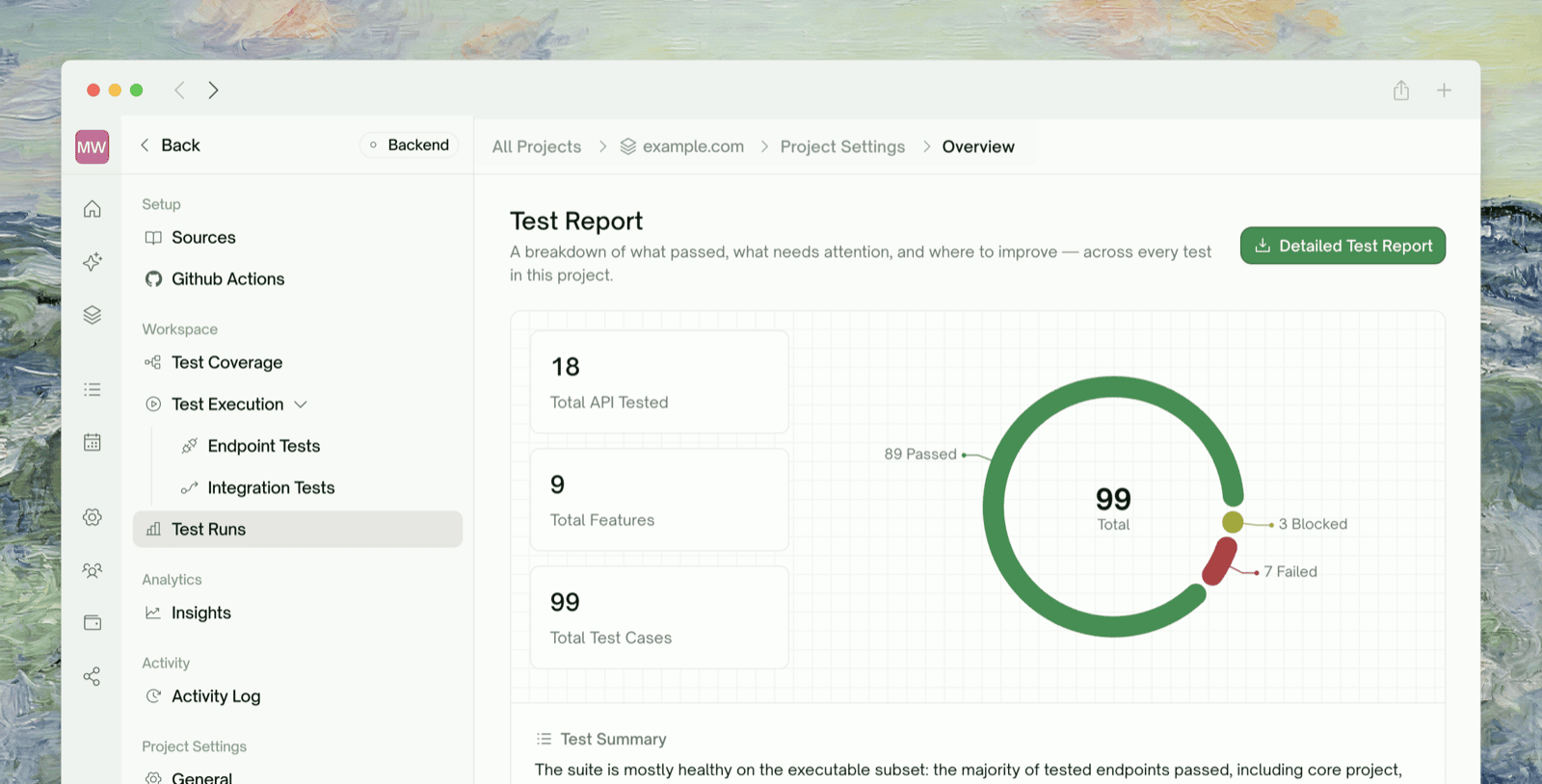 The Test Report page — stat cards, the pass/fail/blocked donut, and the Detailed Test Report button
