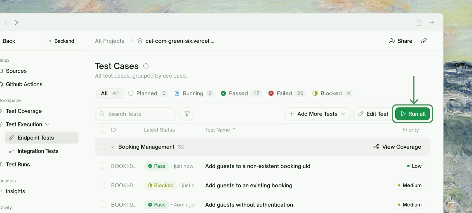 Run all on the Test Cases toolbar, queueing every test in the project