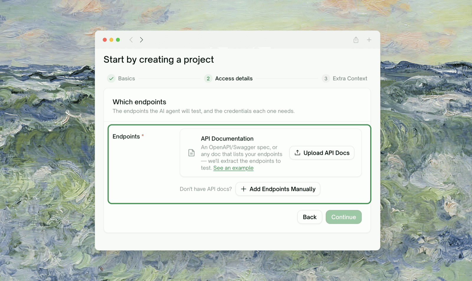 The API Documentation upload on the New Project form