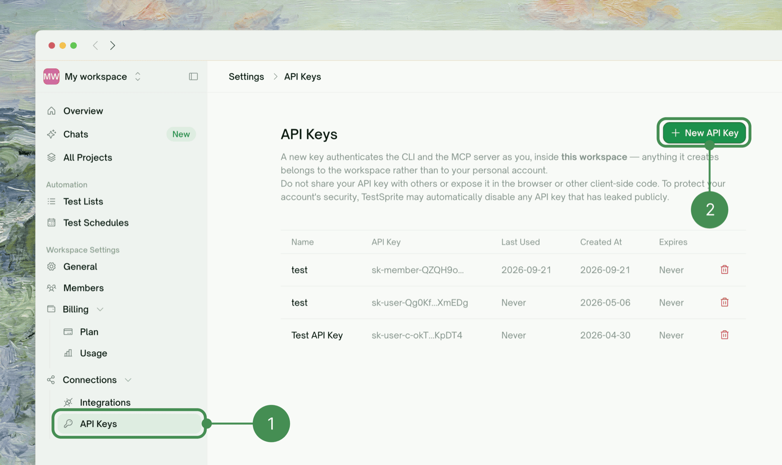 Settings → API Keys with the New API Key button