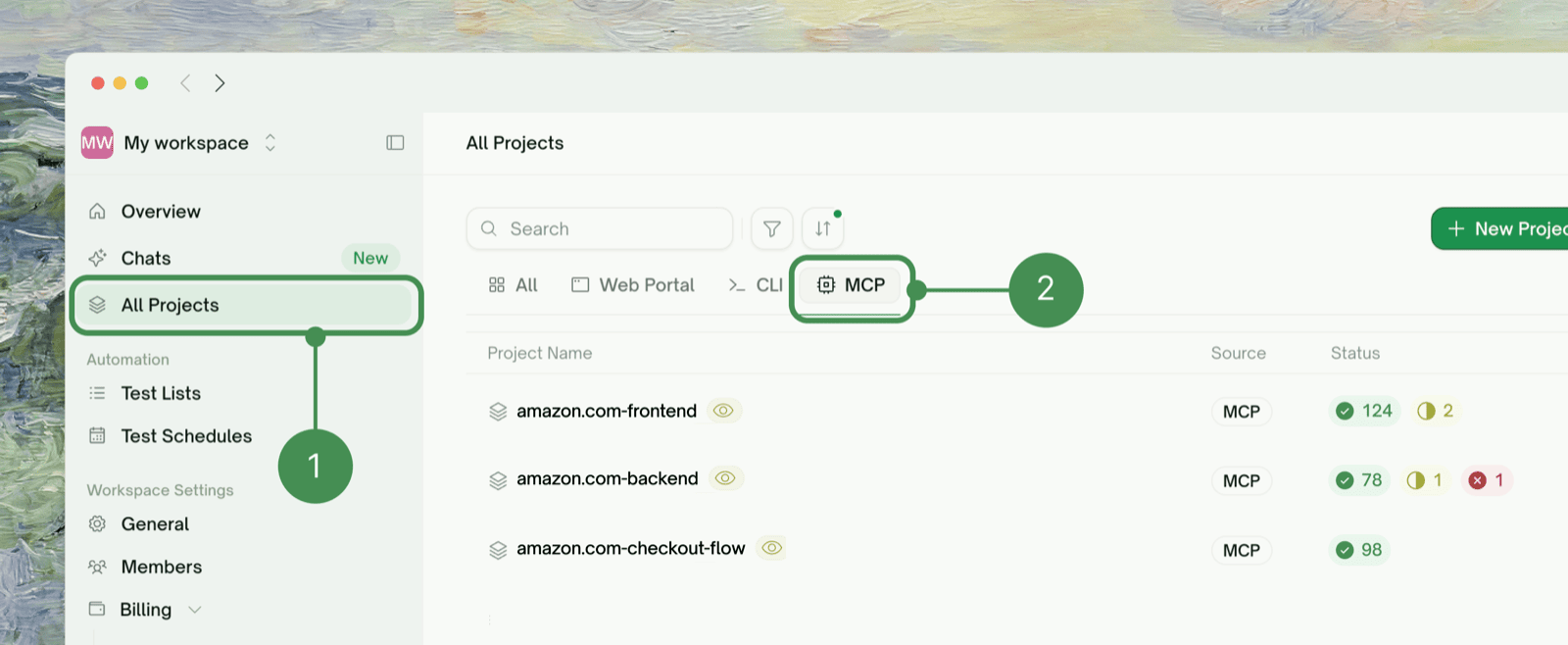 All Projects filtered to the MCP tab, showing projects created through the MCP server