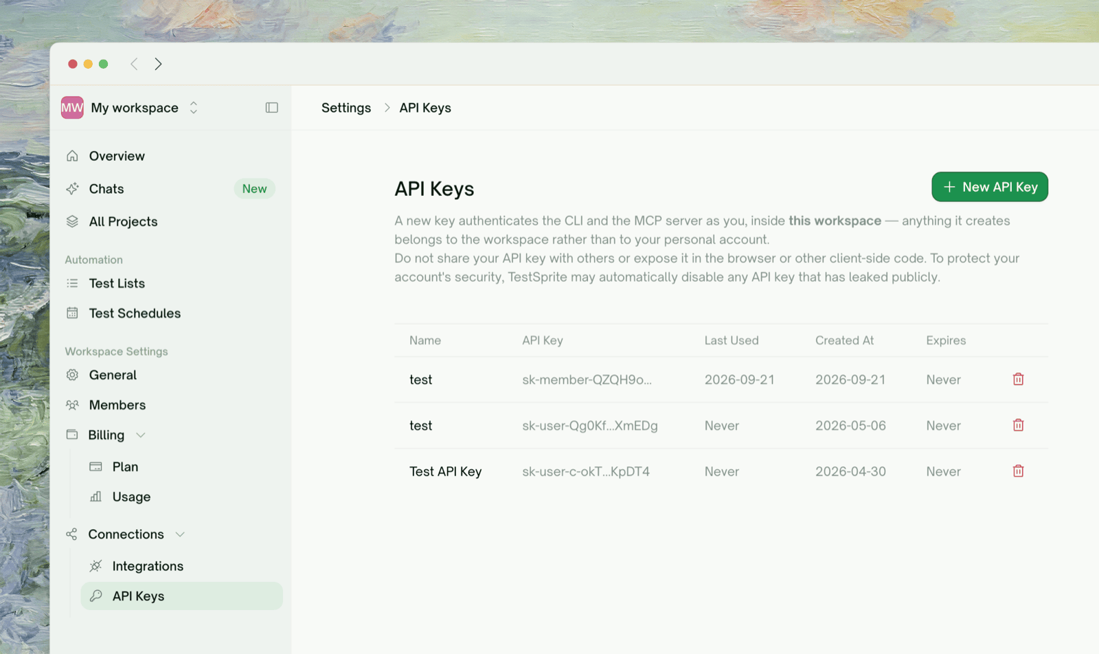 The API Keys table — Name, API Key, Last Used, Created At, Expires, and a revoke icon per row