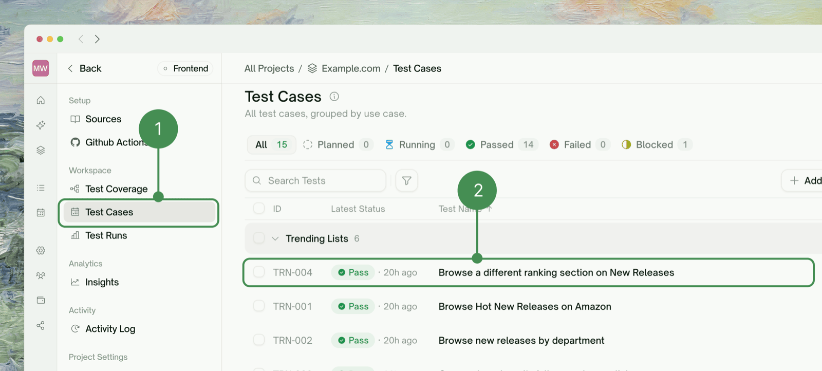 Test Cases in the sidebar, with a test row picked out of the list
