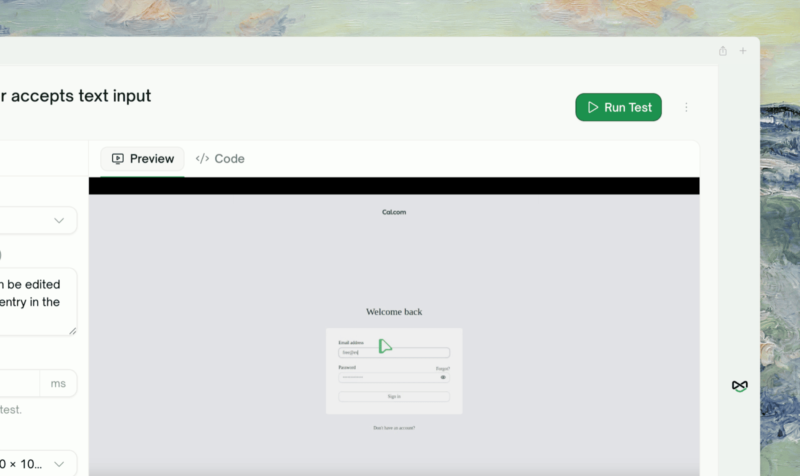 A UI test case open: Run test in the header, Preview and Code on the right