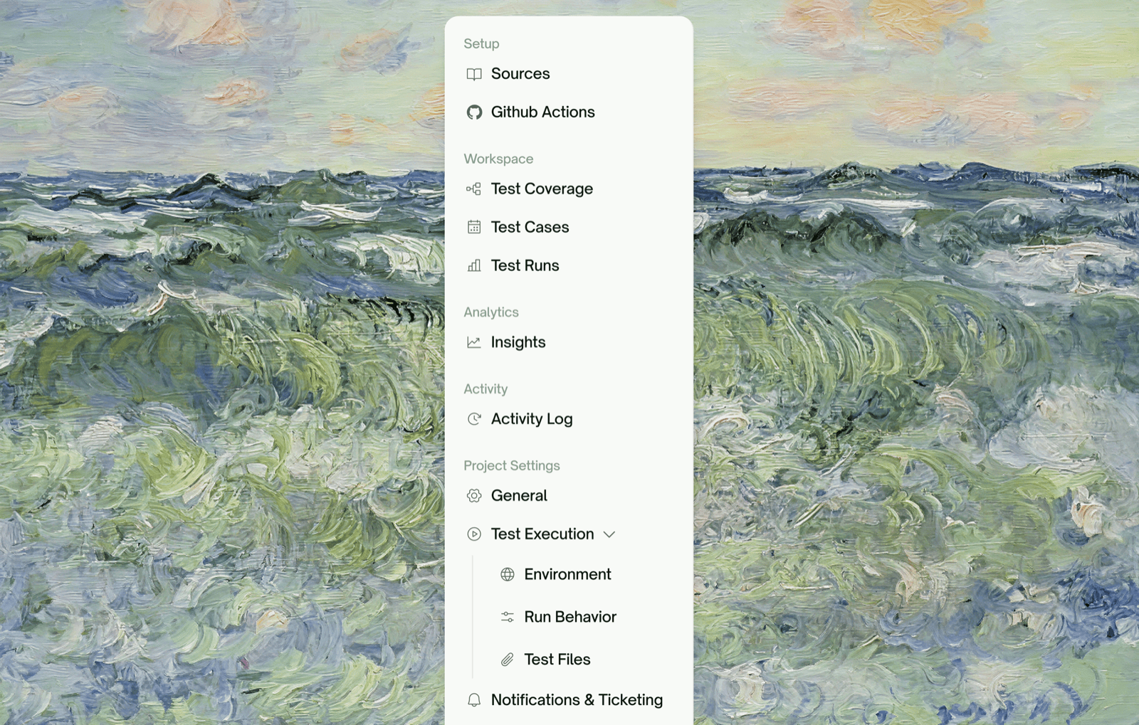 The project left nav, grouped into Setup, Workspace, Analytics, Activity, and Project Settings