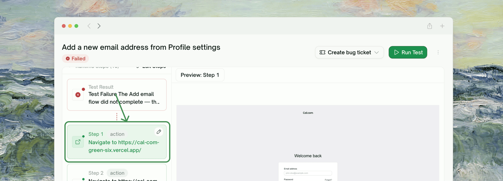 The Steps section inside a test detail page, with the Test Result block above step 1