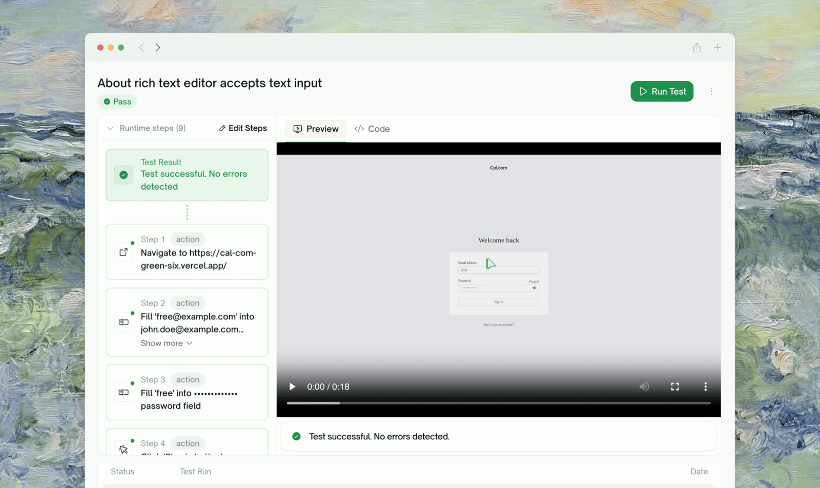 Step-by-step view of a completed UI test — runtime steps beside the recorded run