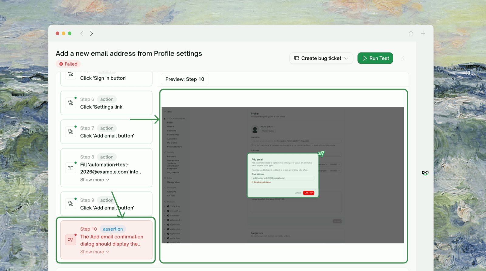 Execution Steps list filling in live with a step snapshot in the right pane