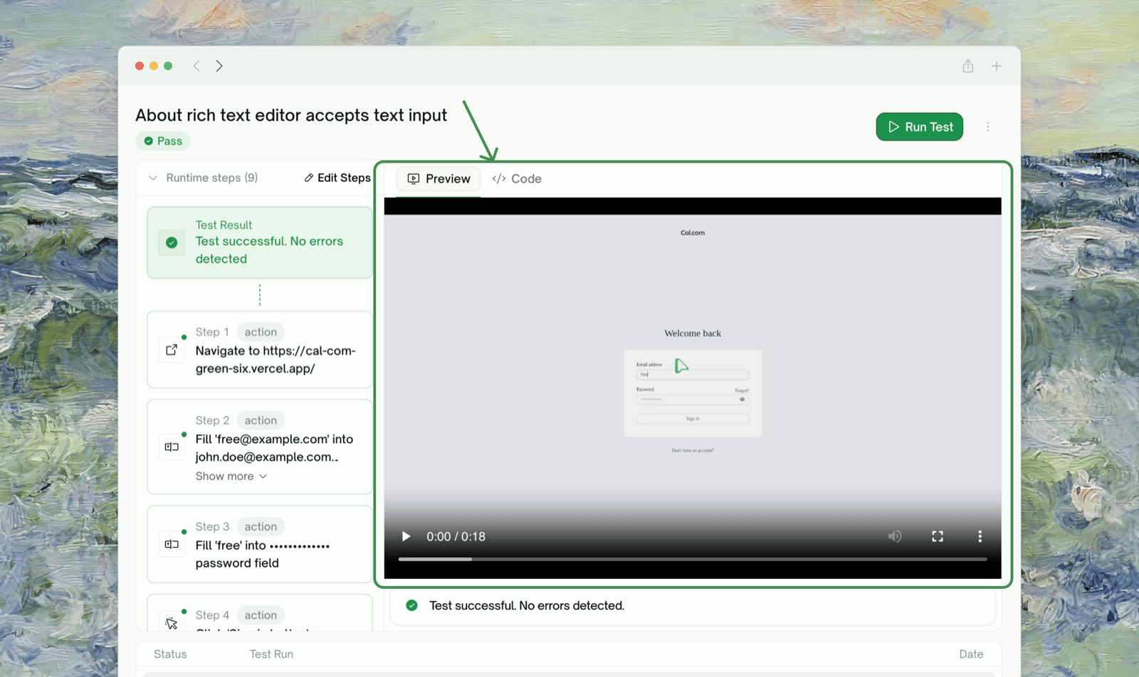 The Preview tab holding the full recorded video of the run