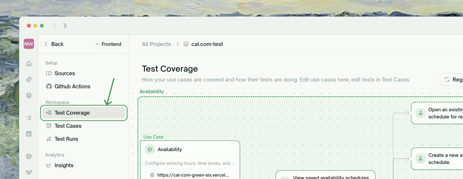 Test Coverage as the first Workspace item in the project's left nav