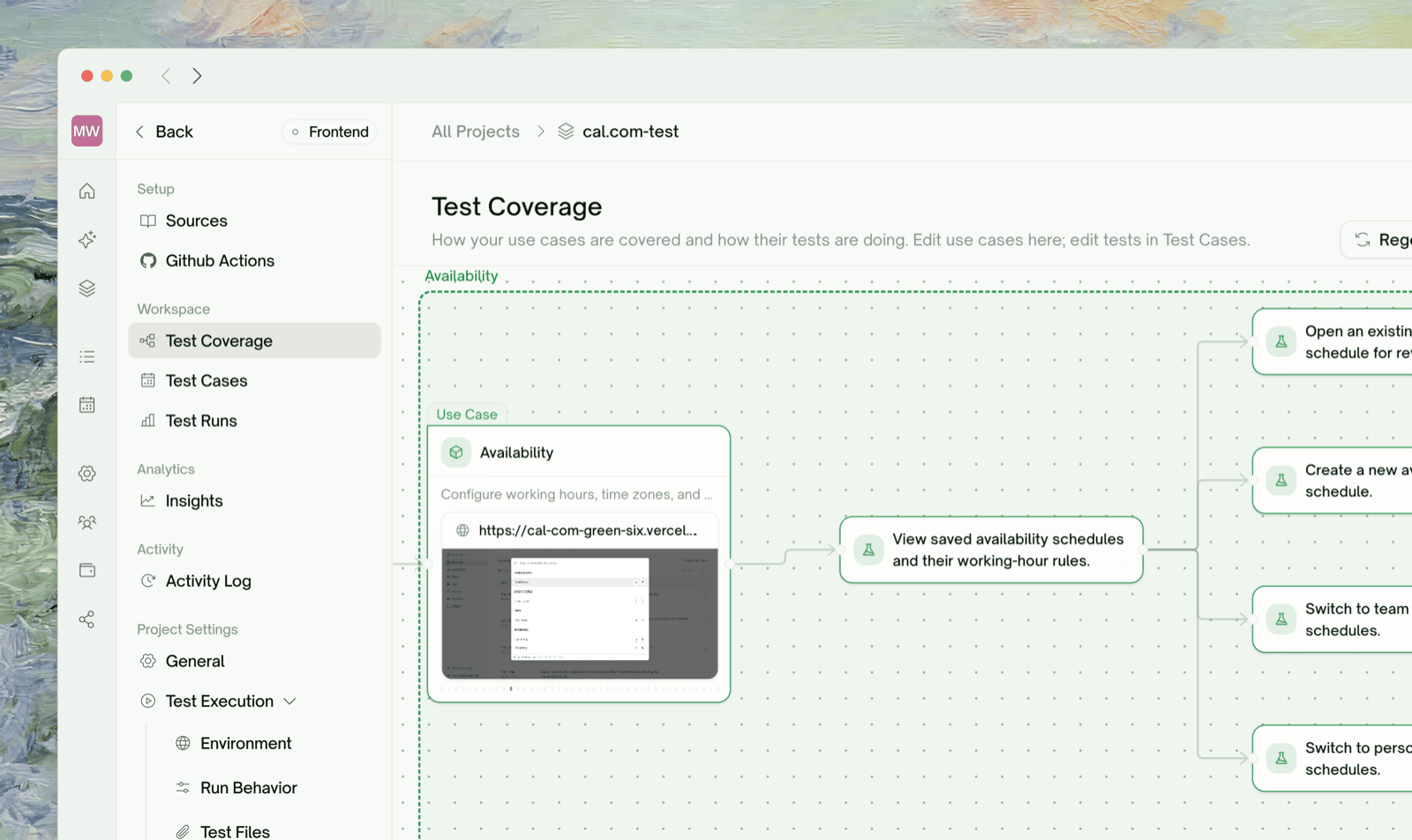 The Test Coverage map — features, use cases, and their test cases flowing left to right