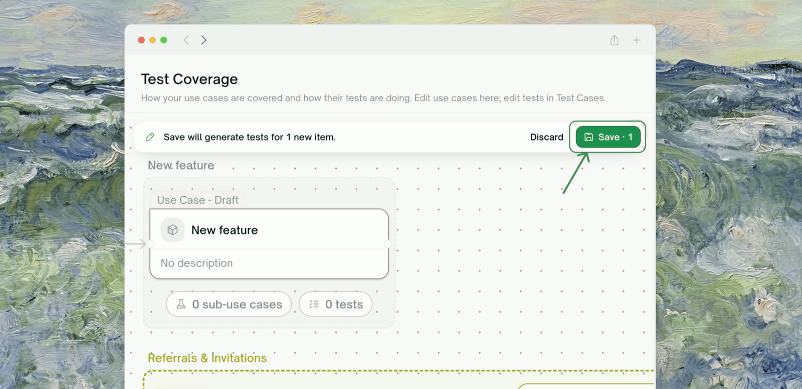 The staged Save / Discard bar and the review dialog Save opens