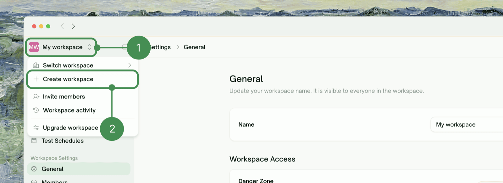Workspace switcher menu open — Switch workspace, Create workspace, Invite members