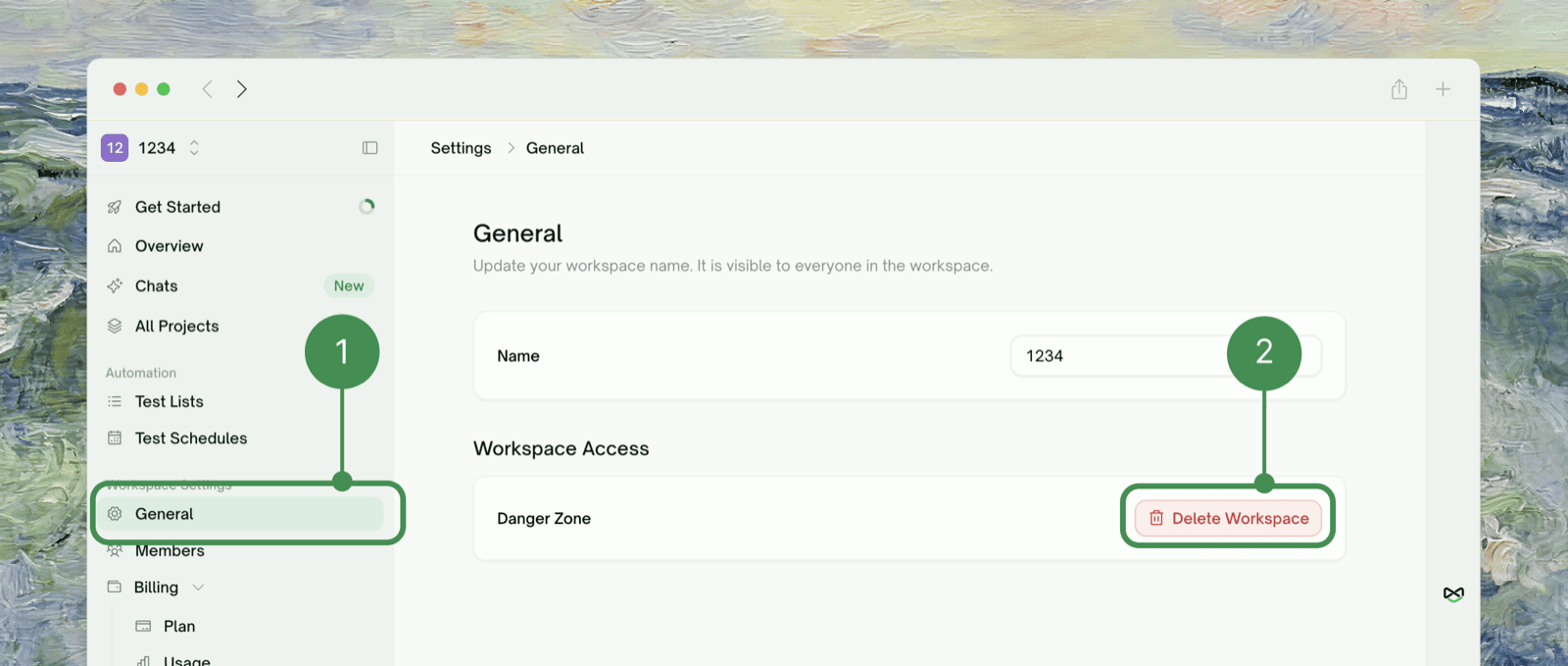Workspace Settings → General with Delete Workspace in the Danger Zone