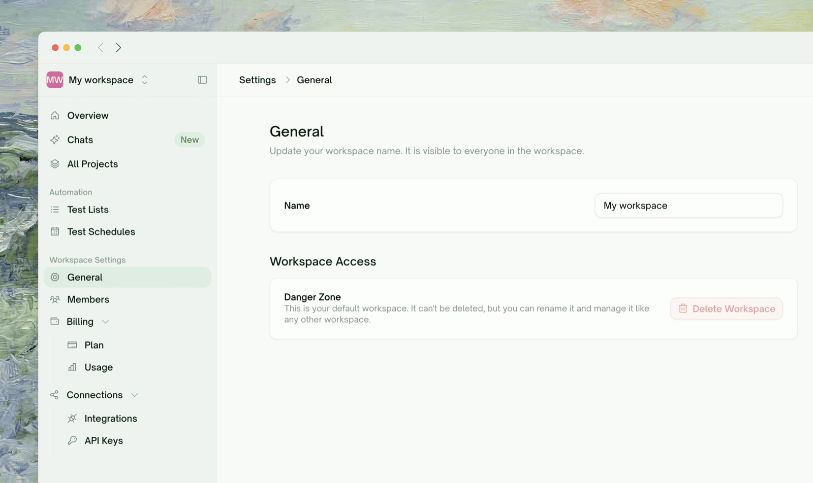 Settings → General for a workspace, with the Workspace Settings sections in the sidebar