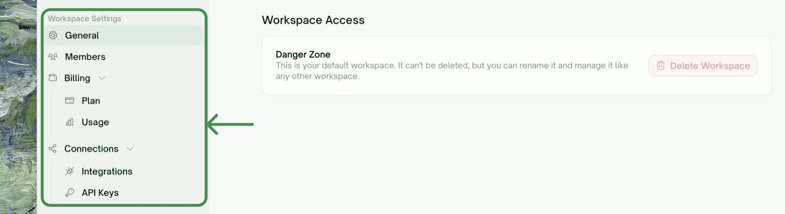 Workspace Settings in the sidebar — General, Members, Billing with Plan and Usage, Connections with Integrations and API Keys
