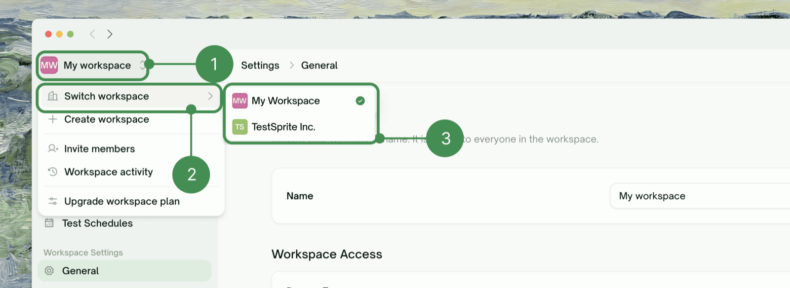 The workspace switcher open, with Switch workspace expanded and a checkmark on the active workspace